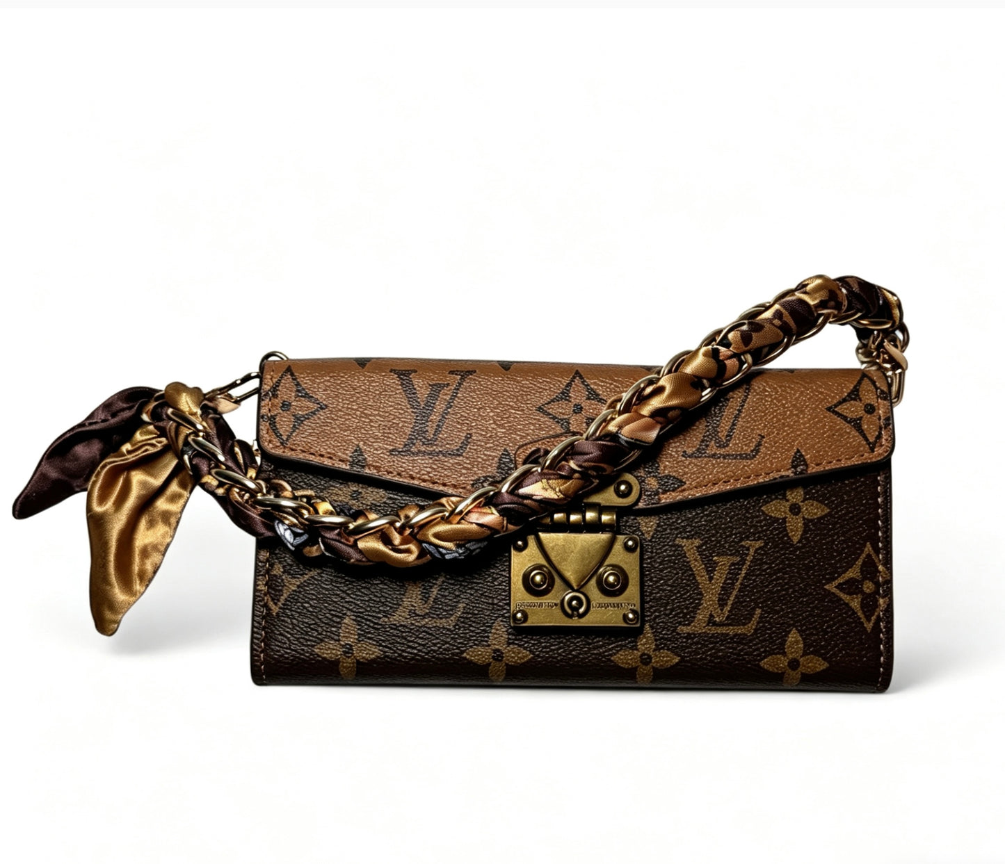 Luxe Monogram Phone Bag with Built-In Card Holder & Scarf Braided Chain Wristlet
