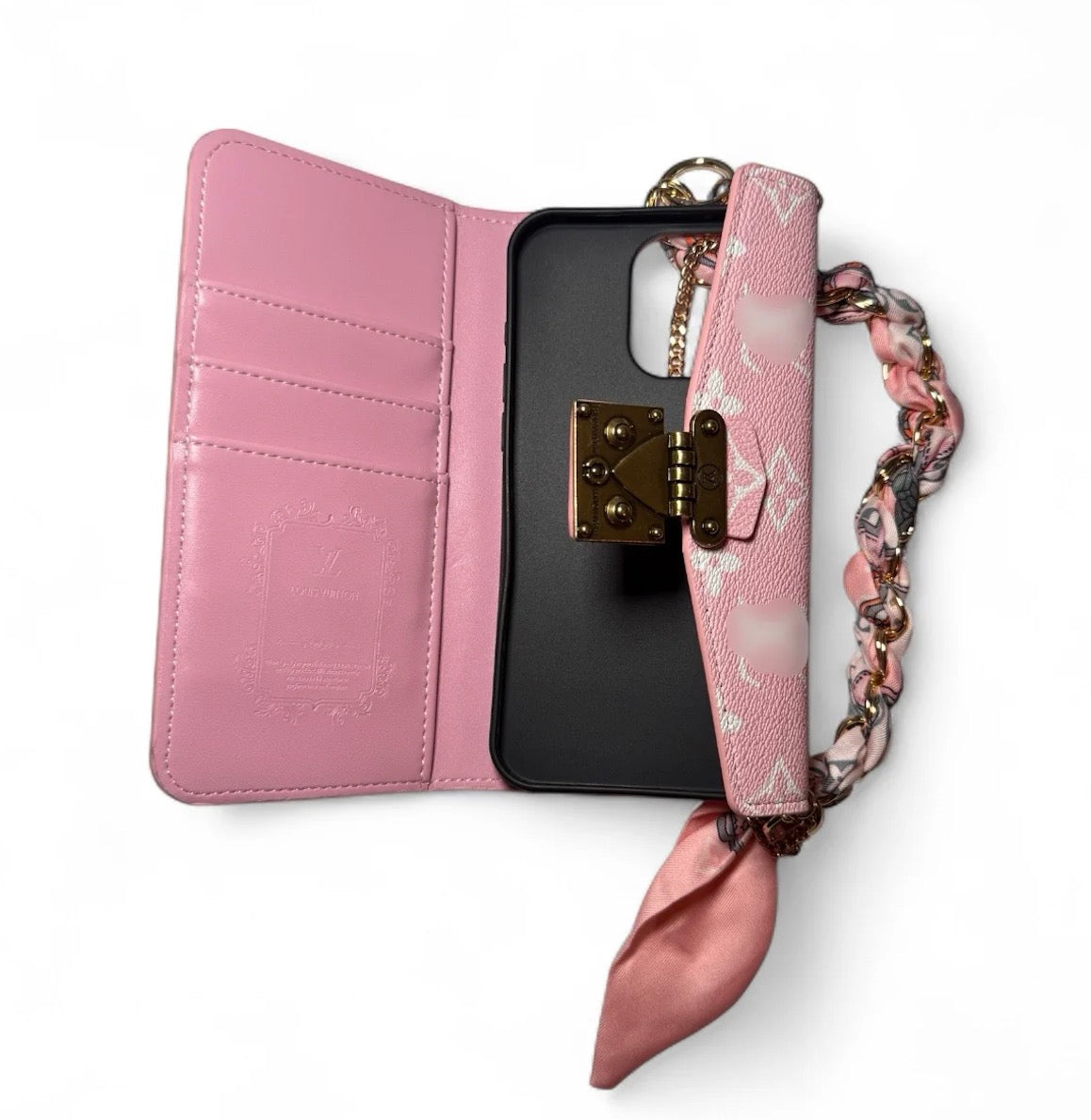 Luxe Monogram Phone Bag with Built-In Card Holder & Scarf Braided Chain Wristlet