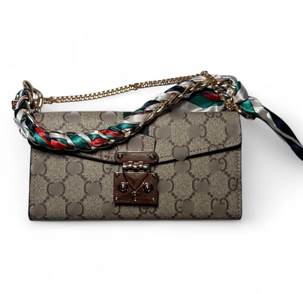 Luxe Monogram Phone Bag with Built-In Card Holder & Scarf Braided Chain Wristlet