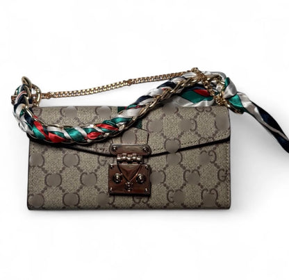 Luxe Monogram Phone Bag with Built-In Card Holder & Scarf Braided Chain Wristlet