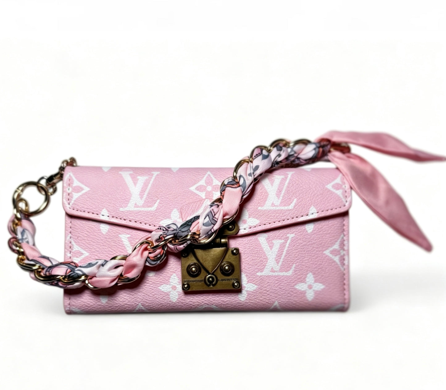 Luxe Monogram Phone Bag with Built-In Card Holder & Scarf Braided Chain Wristlet
