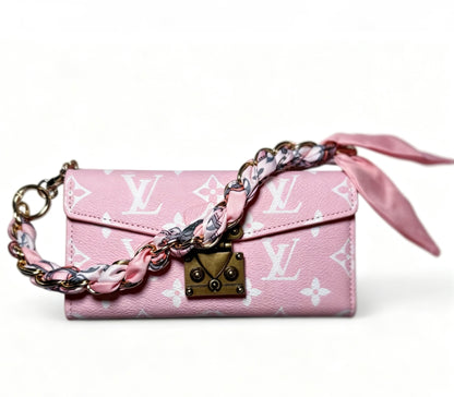 Luxe Monogram Phone Bag with Built-In Card Holder & Scarf Braided Chain Wristlet