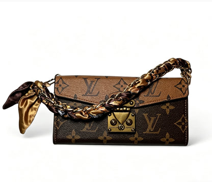Luxe Monogram Phone Bag with Built-In Card Holder & Scarf Braided Chain Wristlet