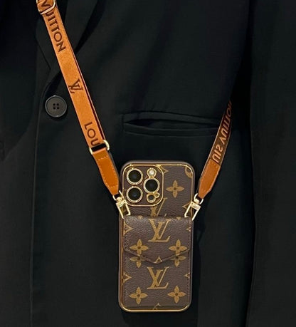 Luxury Monogram Phone Case with Card Holder & Detachable Crossbody Strap - All-In-One Carry Sleeve
