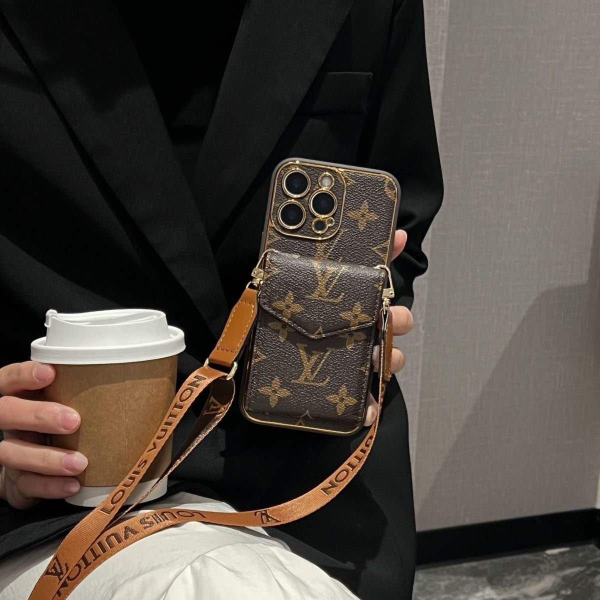 Luxury Monogram Phone Case with Card Holder & Detachable Crossbody Strap - All-In-One Carry Sleeve