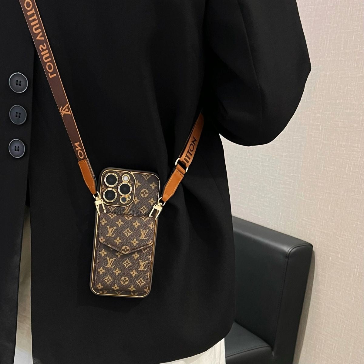 Luxury Monogram Phone Case with Card Holder & Detachable Crossbody Strap - All-In-One Carry Sleeve