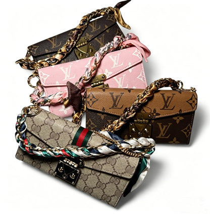 Luxe Monogram Phone Bag with Built-In Card Holder & Scarf Braided Chain Wristlet
